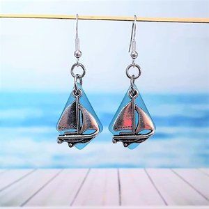 Pacific Blue Sea Glass Sailboat Earrings